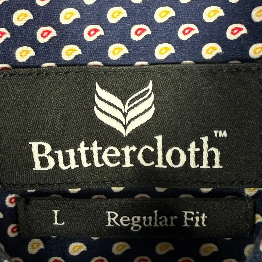 Buttercloth Mens L Navy Blue Paisley Print AOP Long Sleeve Button‎ Up Shirt